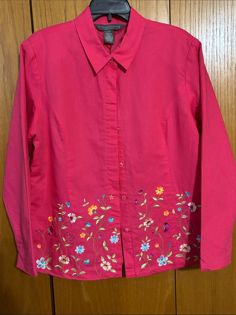 Jessica Holbrook Pink Embroidered Button-Front Jacket 55% linen 45% cotton